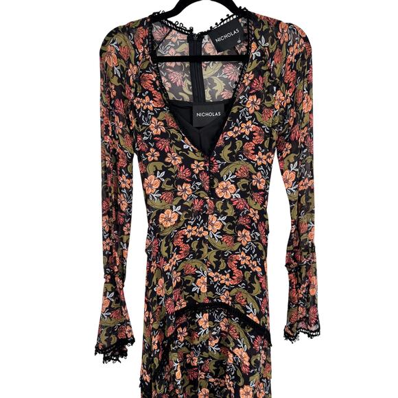 Nicholas V Neck Long Sleeve Sheer Midi Dress Hankerchief Hem Sexy Size 0 - Picture 4 of 8